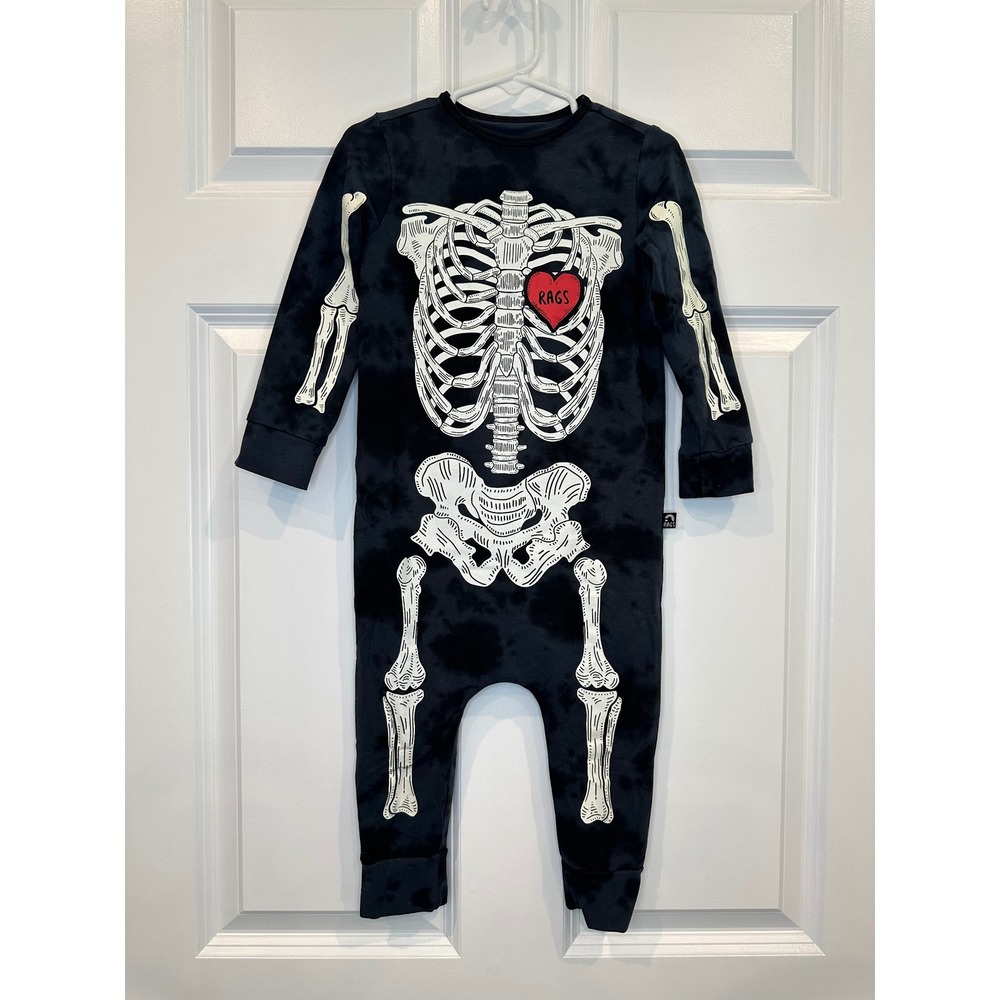 Rags Skeleton Bones Jumpsuit Romper Black Tie Dye Kids Size 2T Halloween